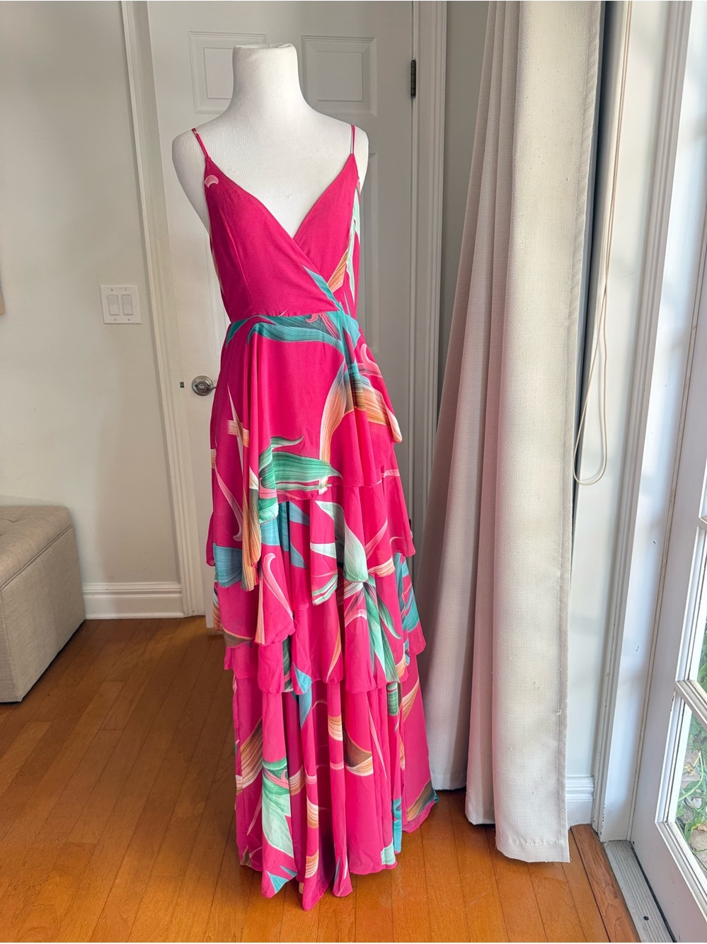 Pink Tropical Print Tiered Maxi Dress in small NWT